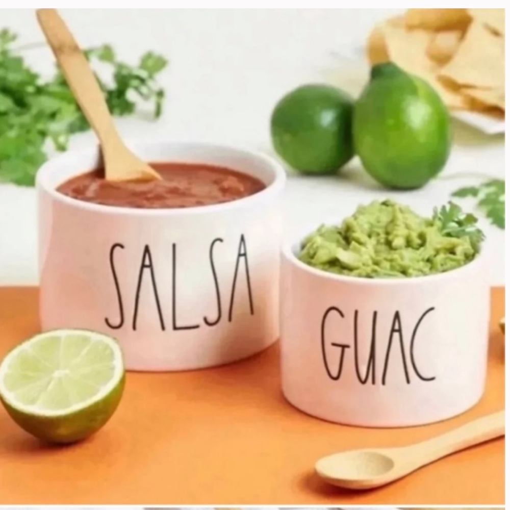 Rae Dunn Salsa and Guac Ceramic Serving Bowl Set with 2 Bamboo Spoons - Picture 2 of 13